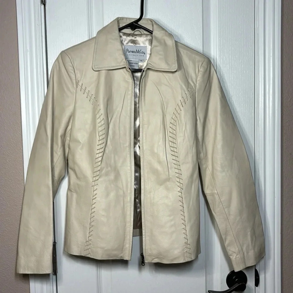 Pamela‎ McCoy Authentic 100% Leather Beige Women's Jacket Size XS